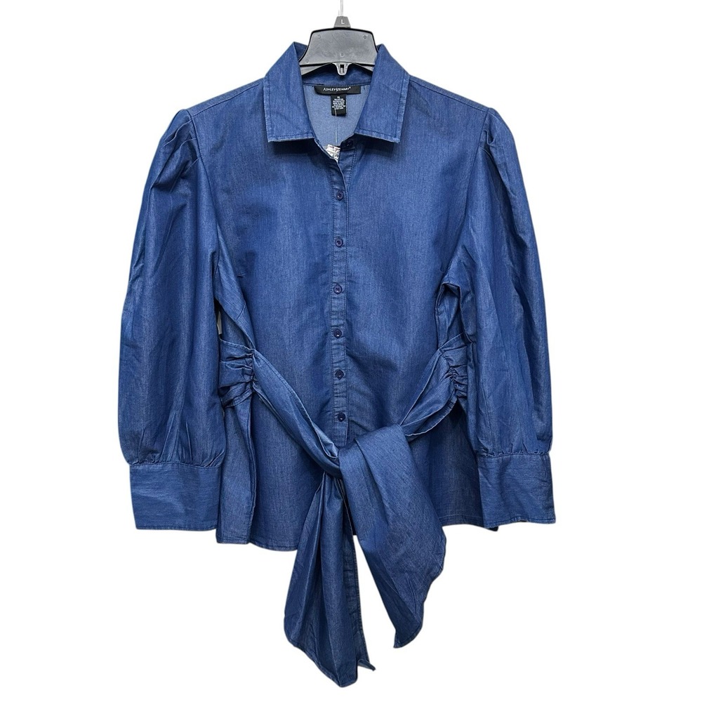 Ashley Stewart Button & Tie Front Top Shirt‎ Women's Size 16 Long Sleeve Blue